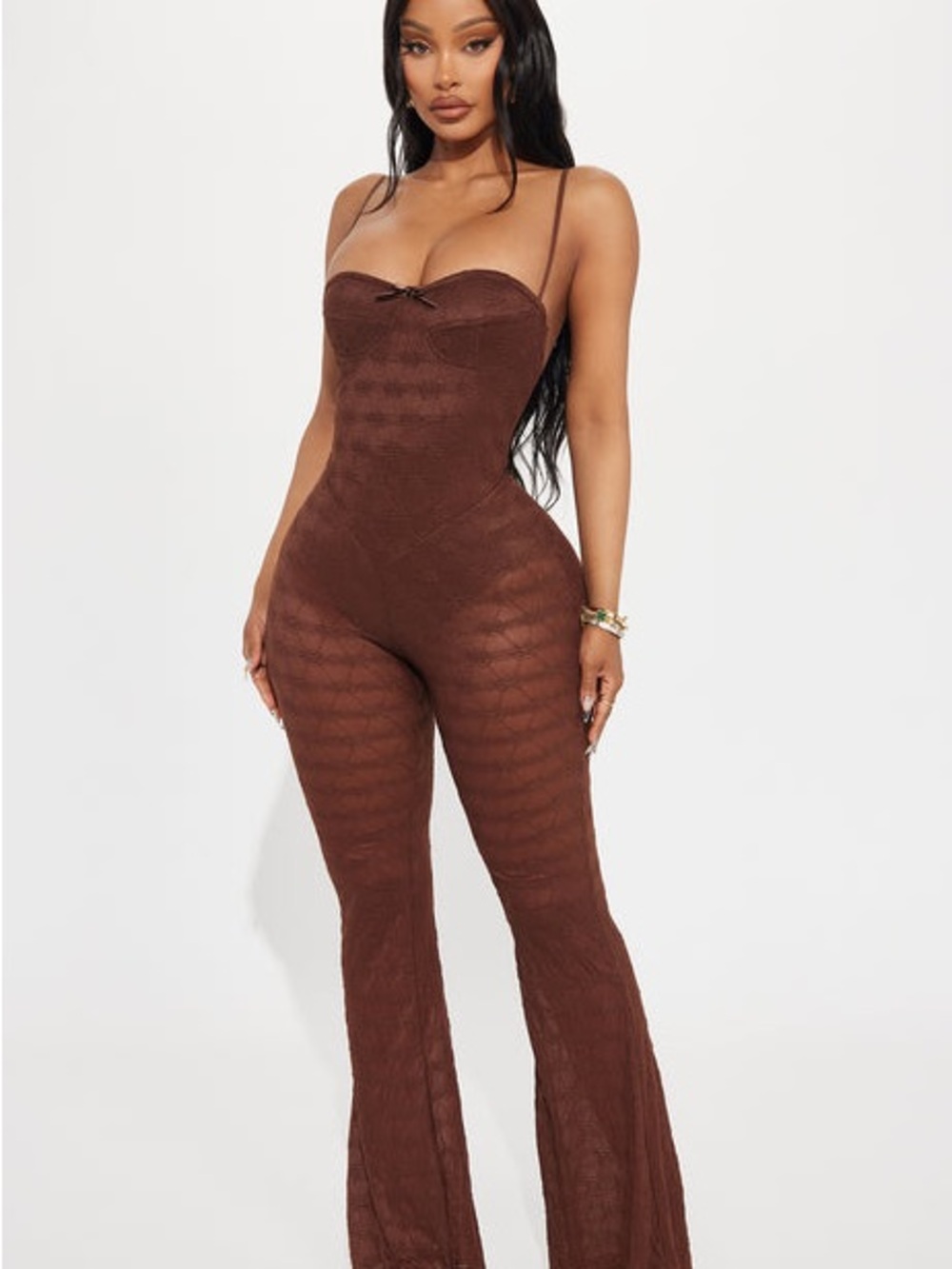 Fashion Nova Brown Lace Strap Flare Jumpsuit
